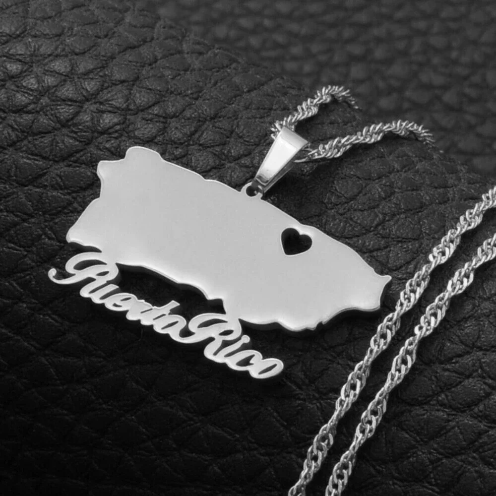 Heart Puerto Rico Map Pendant Necklaces Gold